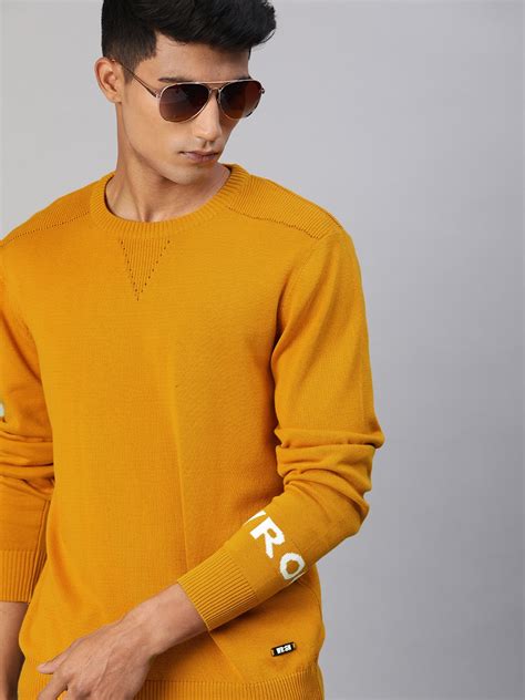 Buy WROGN Men Mustard Yellow Solid Pullover Sweater - Sweaters for Men ...