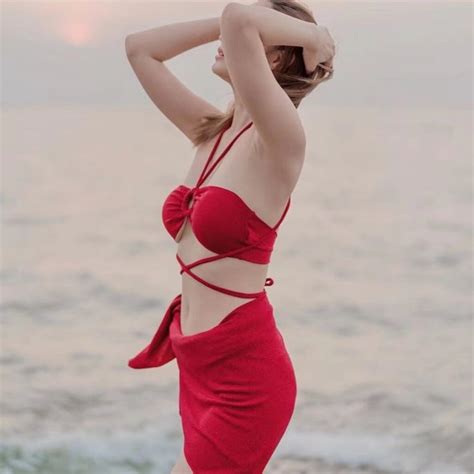 Halter Neck Red 3 Piece Bikini Set - Swimwear India