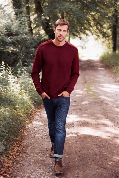 Men's Burgundy Crew-neck Sweater, Navy Jeans, Brown Leather Desert ...