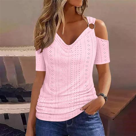 BSDJILFG Cold Shoulder Tops for Women Cross Front T-Shirt Low Cut ...