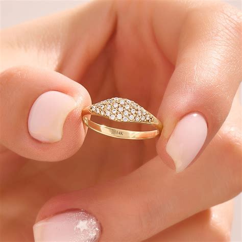 14k Gold Pinky Ring Women Solid Gold Pave Signet Ring Dainty Diamond ...