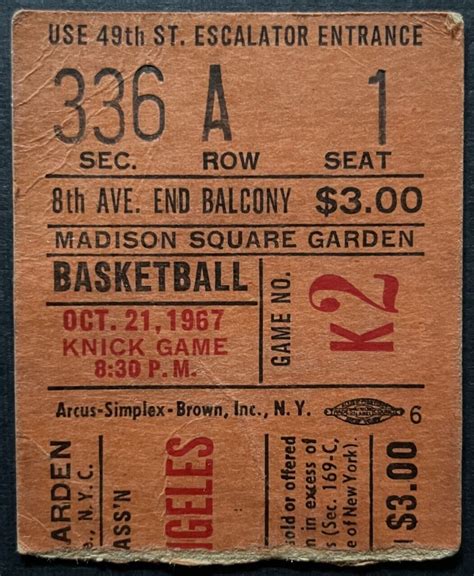 1967 Madison Square Garden NBA Basketball Ticket New York Knicks vs LA ...