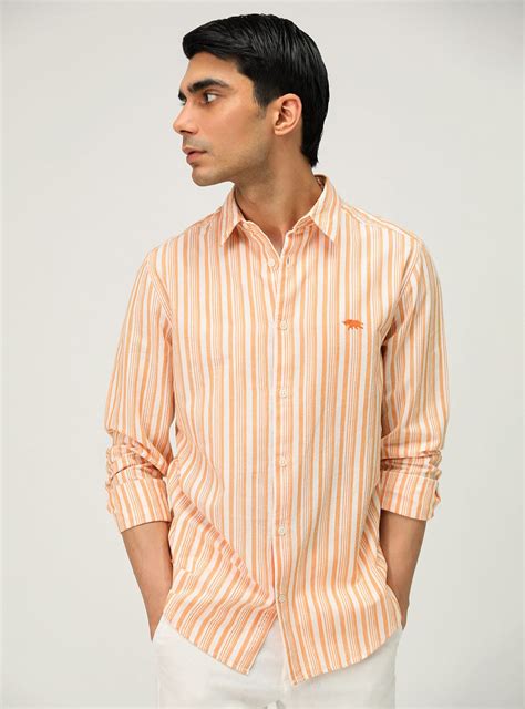 Mandarin Stripe Shirt Casual Orange Stripe Shirt for Men Online | Andamen