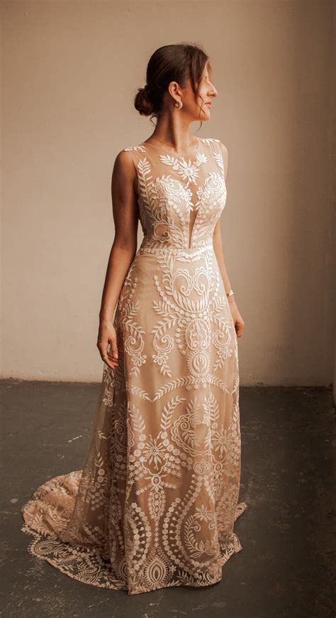 Luxurious A-line Wedding Gown, Custom Lace Wedding Dress, Champagne Bridal Gown, Bridal Gown ...