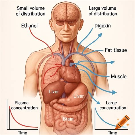 A detailed medical illustration of a human torso showing drug distribution. Red arrows indicate ...