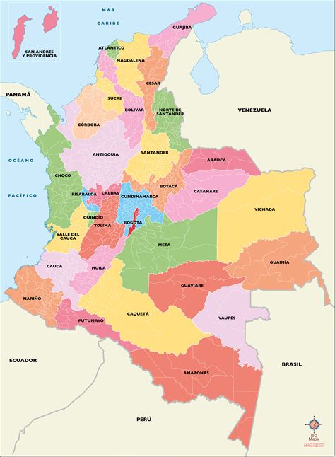 Colombia mapa politico y carreteras en Illustrator | Bc Maps mapa vectorial eps