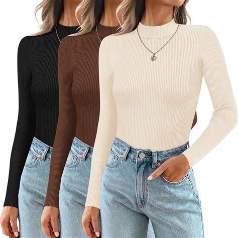 Amazon.com: Ekouaer 3 Pack Mock Turtlenecks Tops for Women Long Sleeve ...