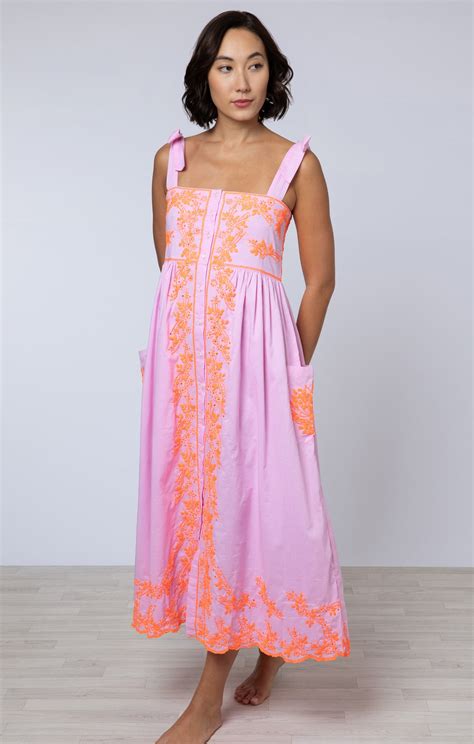 Pink Tie Shoulder Dress with Contrast Hand Embroidery → Juliet Dunn London