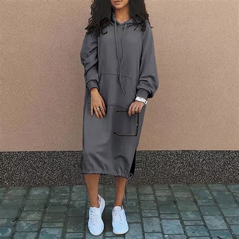 Hooded Sweatshirt Dress for Women Casual Loose Long Sleeve Lace Up ...