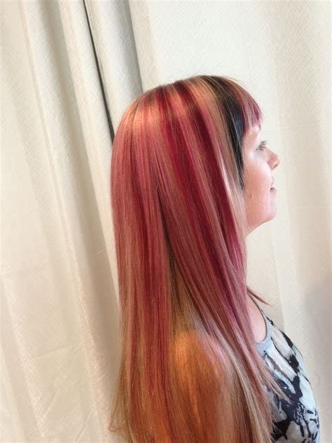 blonde foils with chunky red and dark brown accent foils | Red blonde ...