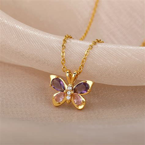 Gold Butterfly Necklace - Amethyst Gemstone Butterfly Pendant, Cute ...