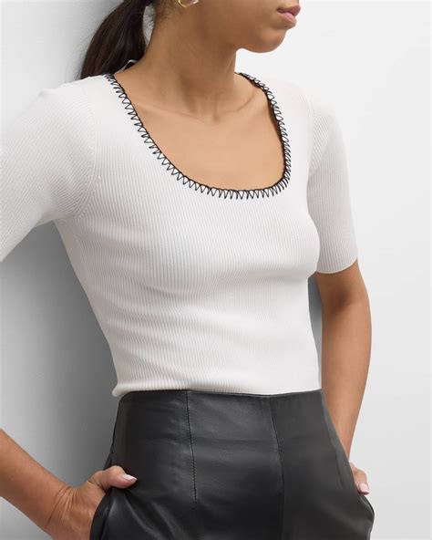 Elie Tahari The Valo Ribbed Whipstitch Scoop-Neck Sweater | Neiman Marcus