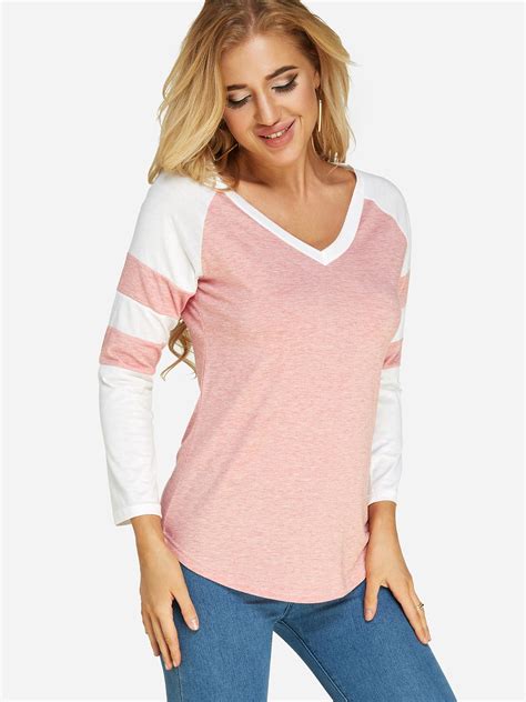 Custom V-Neck Plain Long Sleeve Pink T-Shirts | Wholesale Factory ...