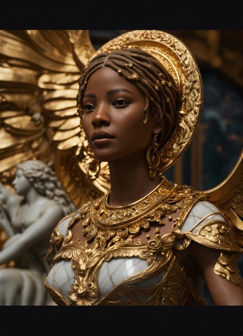 Lexica - African with African facial features, Halle Bailey, marble and gold statue of a goddess ...