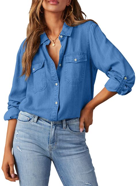 Made by Olivia Women's Classic Long/Roll Up Sleeve Button Down Denim ...