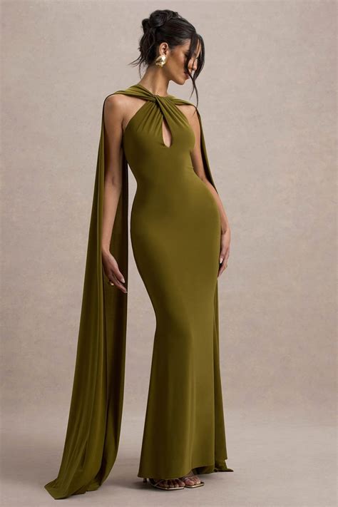 Rhoda | Green Twist Halter-Neck Cape Maxi Dress | Prom dresses, Evening ...