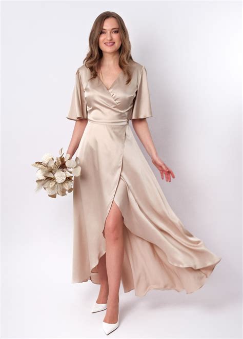Champagne beige silk satin long wrap dress, silk dress, wrap dress ...