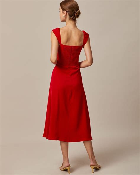 The Red Sweetheart Neck Cap Sleeve Midi Dress - Red Sweetheart Neckline ...