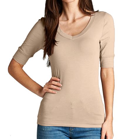 Women's Basic Elbow Sleeve V-Neck Cotton T-Shirt Plain Top-Plus Size ...