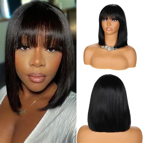 Amazon.com: YYHR Short Bob Wigs With Bangs 12" Light Yaki Straight ...