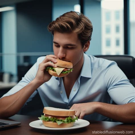Young Man Eating Sandwich at Office Desk | Stable Diffusion Online