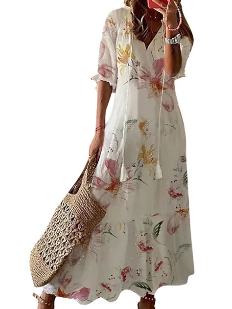 Glonme V Neck Long Dress for Women Loose Travel Summer Beach Sundress ...