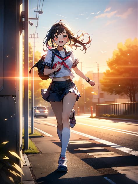 Anime girl running down the street with a backpack on her back - SeaArt AI