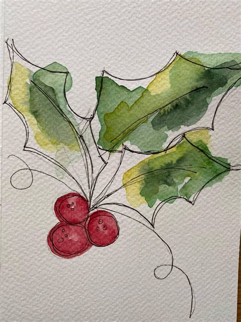 Watercolor Christmas Card Art: Cherries with Green Leaves