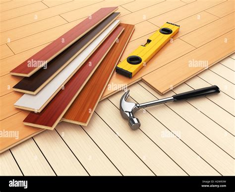 Laying hardwood parquet concept. Hammer and level on the floor. 3d ...