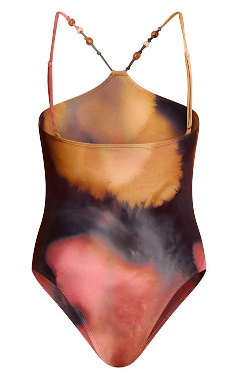 Multi Blurred Print Halter Neck Swimsuit | Swimwear | PrettyLittleThing USA