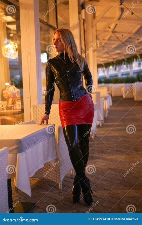 Brave Girl in Latex Walks in Public and Shows Her Exhibitionism Stock ...