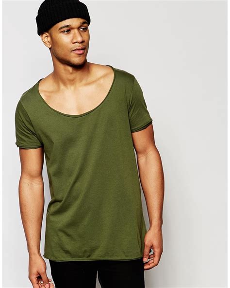 ASOS Longline T-shirt With Wide Scoop Neck And Raw Edge In Green for ...