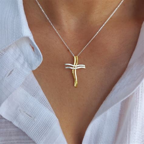 Gold & Sterling Silver Cross Necklace: Greek Handmade Christian Pendant ...