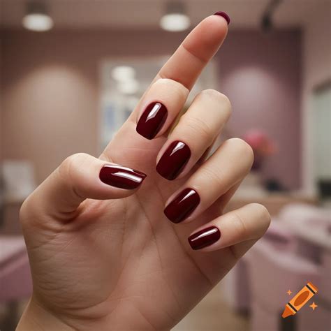 Close-up of a hand with shiny dark red nail polish in a blurry salon ...