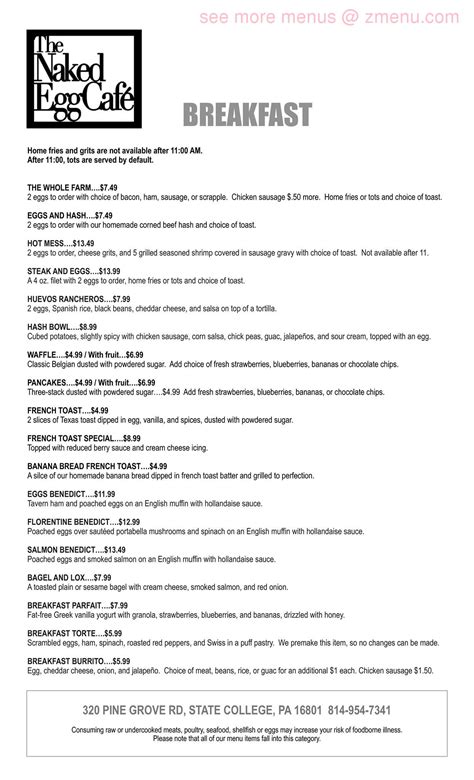 Menu at The Naked Egg Cafe, State College