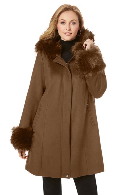Jessica London Women's Plus Size Hooded Faux Fur Trim Coat Winter Wool ...
