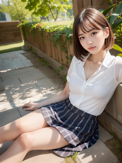 Arafed asian woman sitting on a bench in a white shirt and blue plaid skirt - SeaArt AI