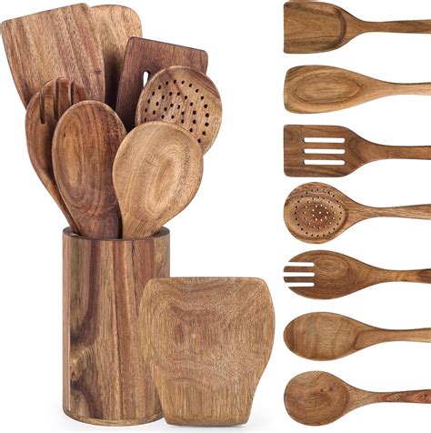 Amazon.com: LOVEINUSA 9PCS Wooden Kitchen Utensils Set, Wooden Spoons ...