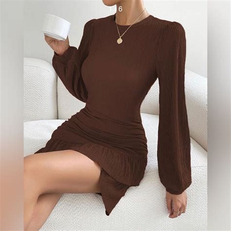 SHEIN Solid Ruched Ruffle Hem Dress women Medium | Short brown dress ...