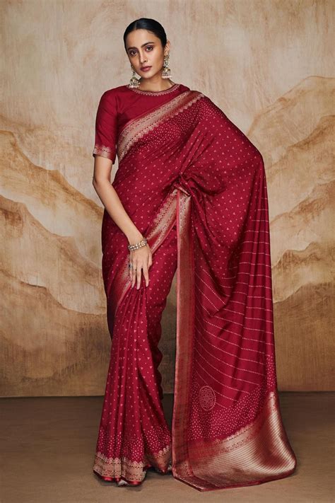 Buy designer red bandhani saree with boatneck blouse at Aza Fashions ...