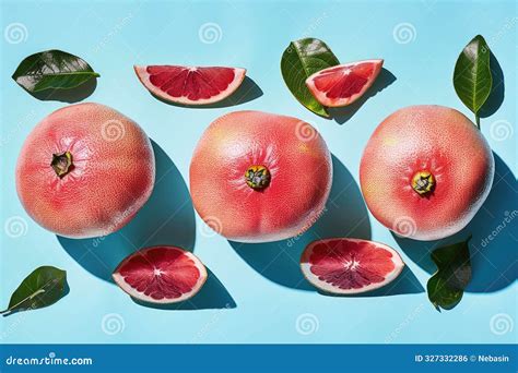 Three Whole Ruby Red Grapefruits, Cut in Half, and Leaves are Arranged ...