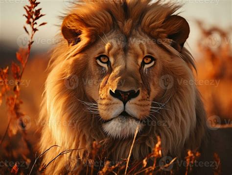 A lion in the savannah at sunset, male lion, king of the wilderness ...