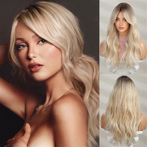 Honygebia Wavy Blonde Wig with Bangs - Ombre Curtain Bang Wigs for ...