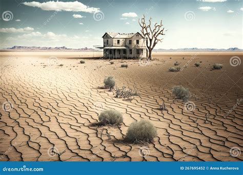 Barren Landscape Fith Crached Dried Soil, Abandoned Farm And Dead Tree ...