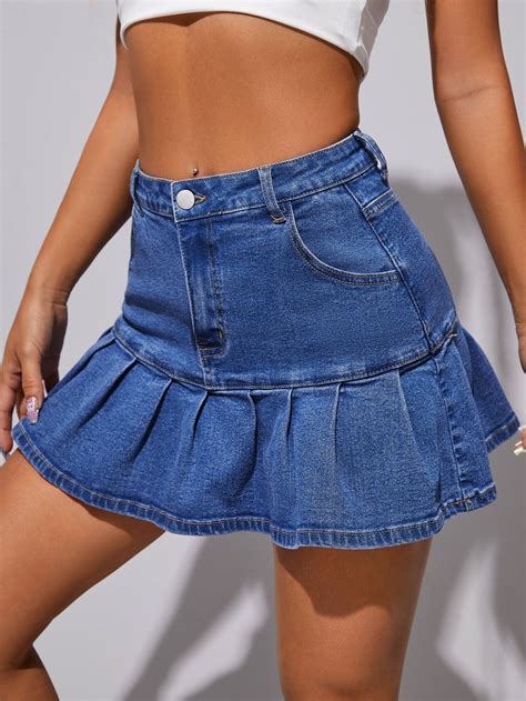 SHEIN Ruffle Hem Slant Pocket Denim Skirt | Denim skirt outfits, Denim ...