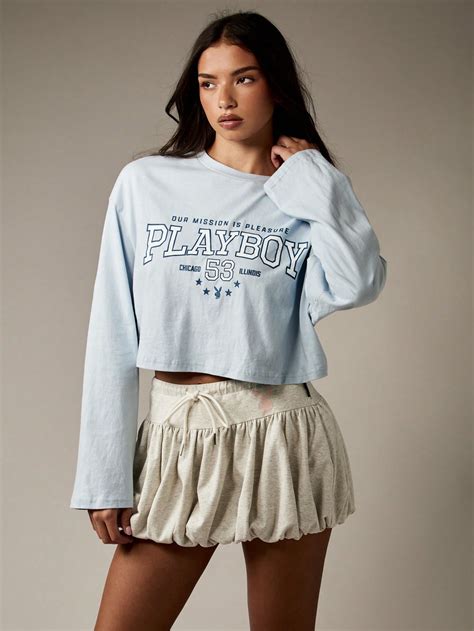 Missguided x Playboy Retro Graphic Crop Top With Long Sleeves And College Text｜MISSGUIDED