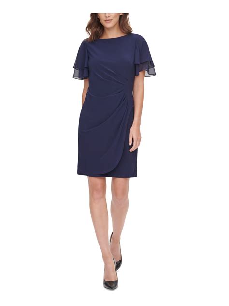 JESSICA HOWARD Womens Navy Ruched Flutter Jewel Neck Above The Knee ...