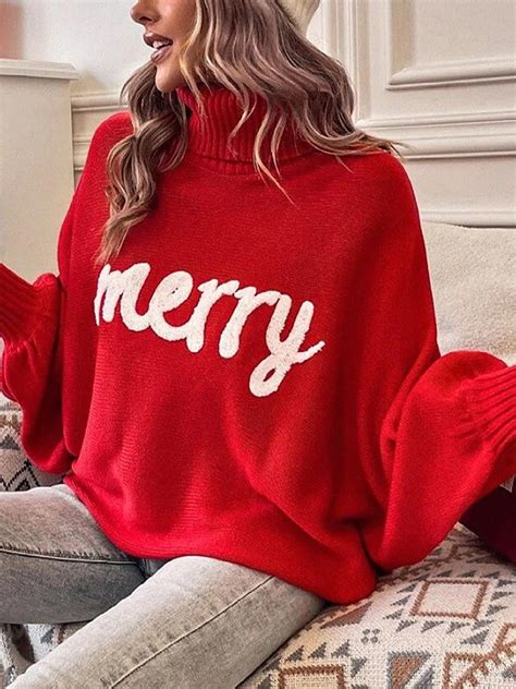 ELF Women's Christmas Sweaters Long Sleeve Turtleneck Letter Embroidery ...