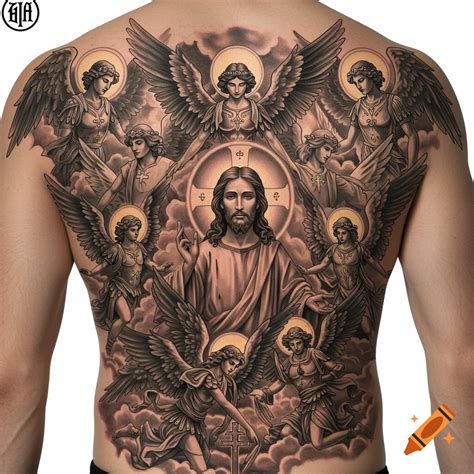 Detailed black and grey tattoo on a back depicting Jesus Christ ...