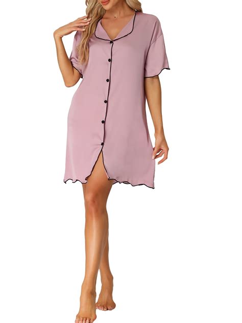 cheibear Women's Nightshirt Satin Short Sleeve Sleepshirt Button Down ...